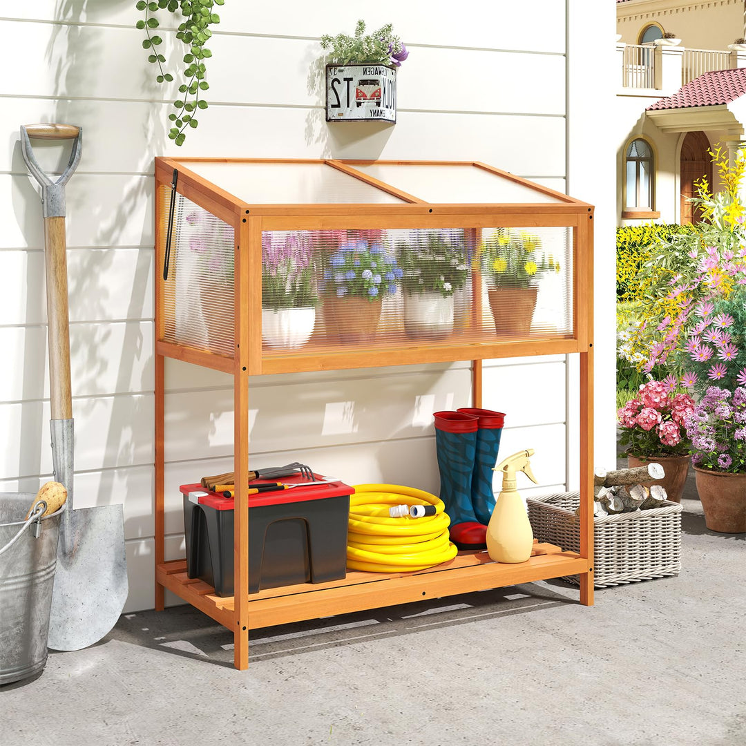 Giantex Wood Cold Frame Greenhouse with Transparent Openable Roof & Slatted Shelf