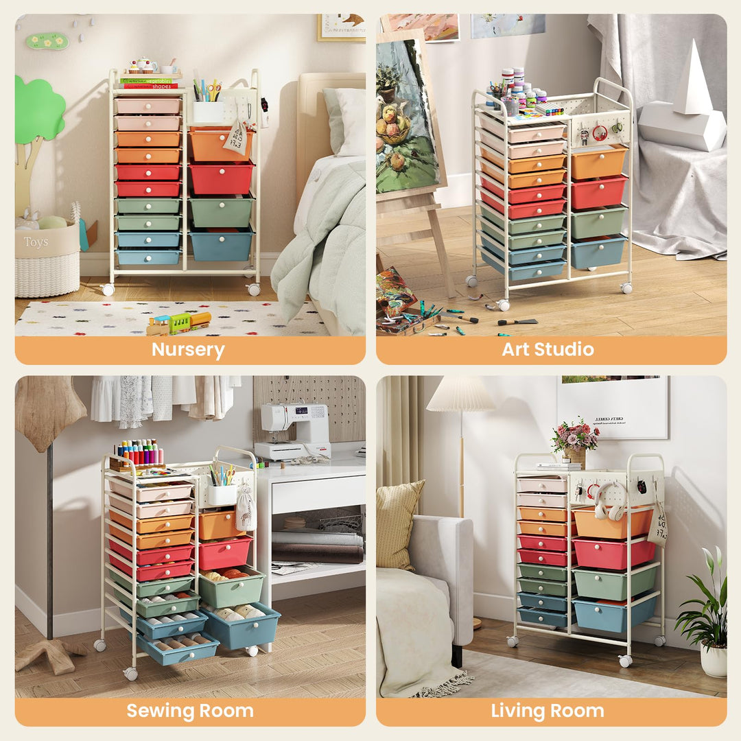 Giantex 14 Drawer Storage Cart | Rolling Craft Cart with Metal Tabletop &amp; Pegboard