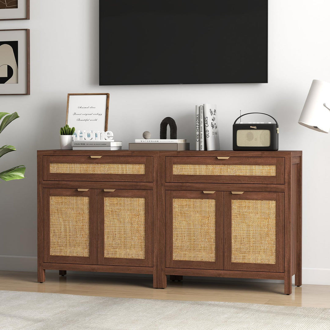 Giantex Sideboard Buffet Cabinet Rustic Rattan Storage Cabinet w/ 2 Doors