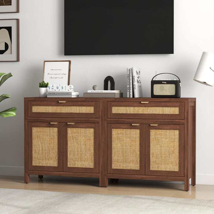 Giantex Sideboard Buffet Cabinet Rustic Rattan Storage Cabinet w/ 2 Doors