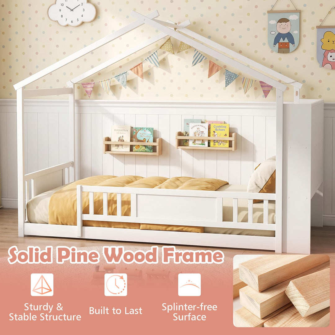 GIANTEX Twin Montessori Solid Wood Floor Bed with Storage Bookshelf