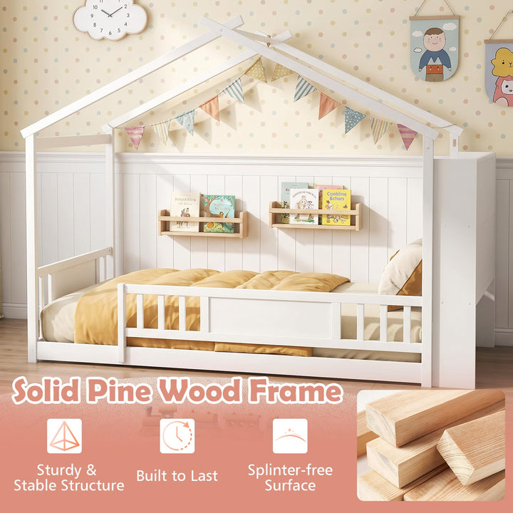 GIANTEX Twin Montessori Solid Wood Floor Bed with Storage Bookshelf