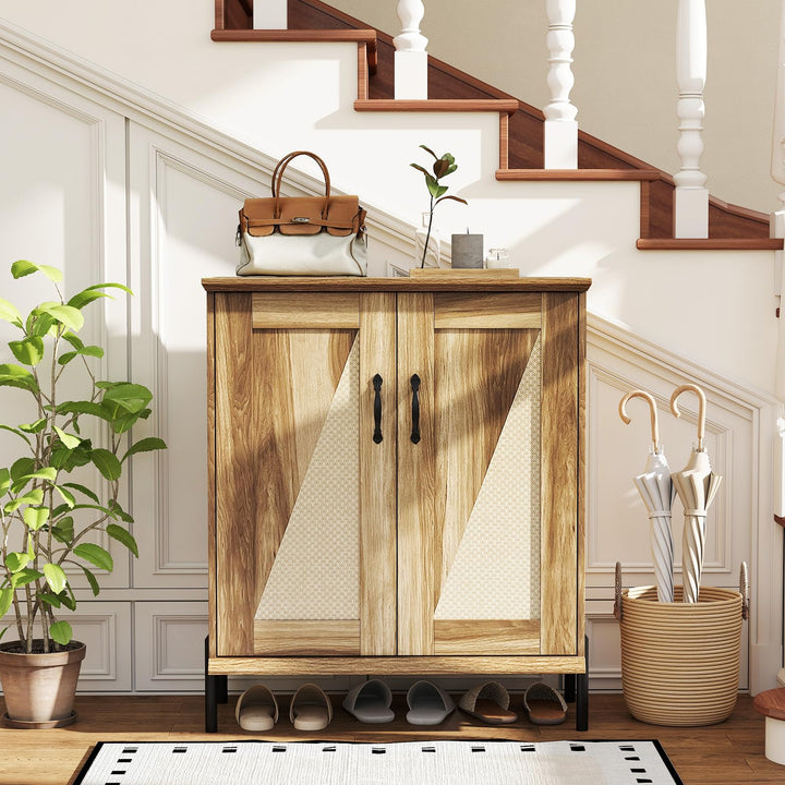 Giantex 5-Tier Farmhouse Shoe Storage Cabinet with Woven Rattan Doors,