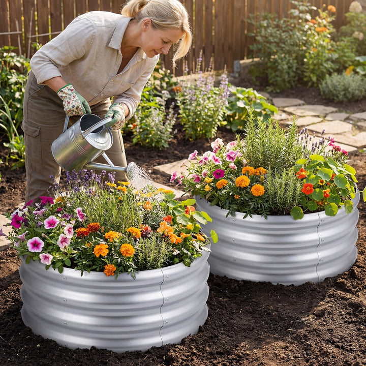 Giantex Galvanized 2 x 2 x 1 FT Round Outdoor Planter Box with Open-Ended Base (1/2)