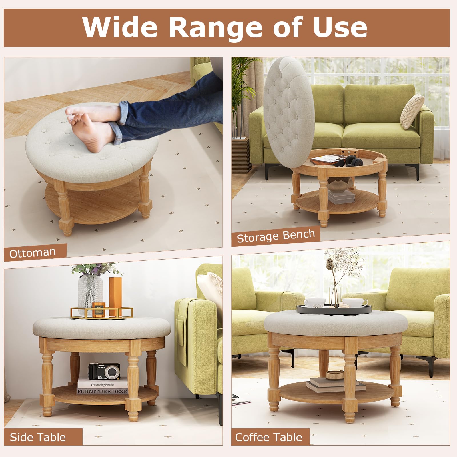 Giantex Large Ottoman Coffee Table - 29 inch Oversized Round Ottoman with Storage Shelf, Flip up Top, Wood Legs