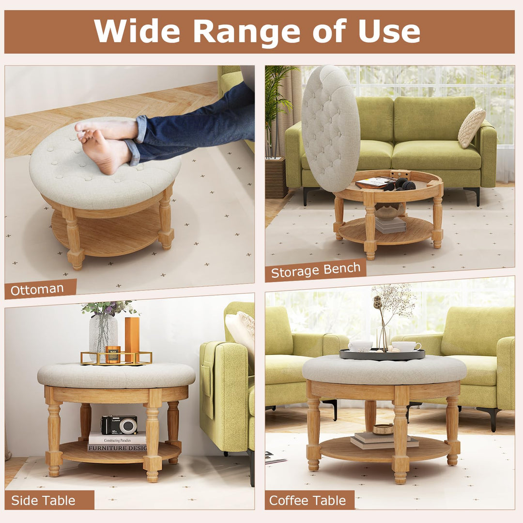 Giantex Large Ottoman Coffee Table - 29 inch Oversized Round Ottoman with Storage Shelf, Flip up Top, Wood Legs