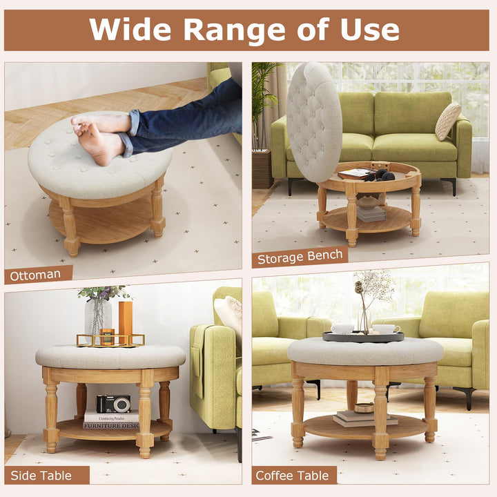 Giantex Large Ottoman Coffee Table - 29 inch Oversized Round Ottoman with Storage Shelf, Flip up Top, Wood Legs