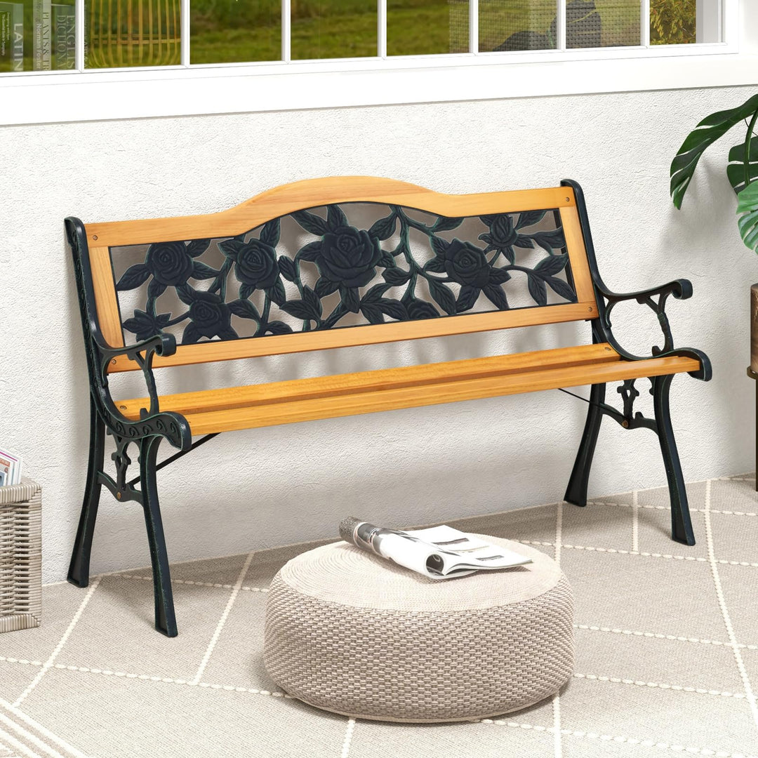 Giantex Outdoor Bench, Garden Bench with Slatted Seat, Curved Armrests, Flower Pattern Backrest, 470 Lbs Capacity