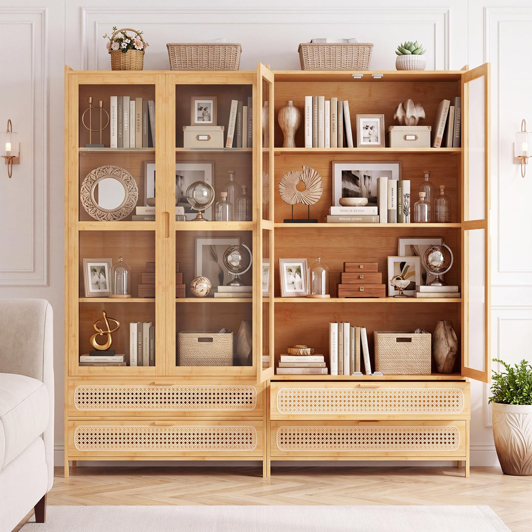 GIANTEX 54.5" Tall 6-Tier Freestanding Bamboo Bookshelf with 2 Acrylic Doors and 2 Drawers