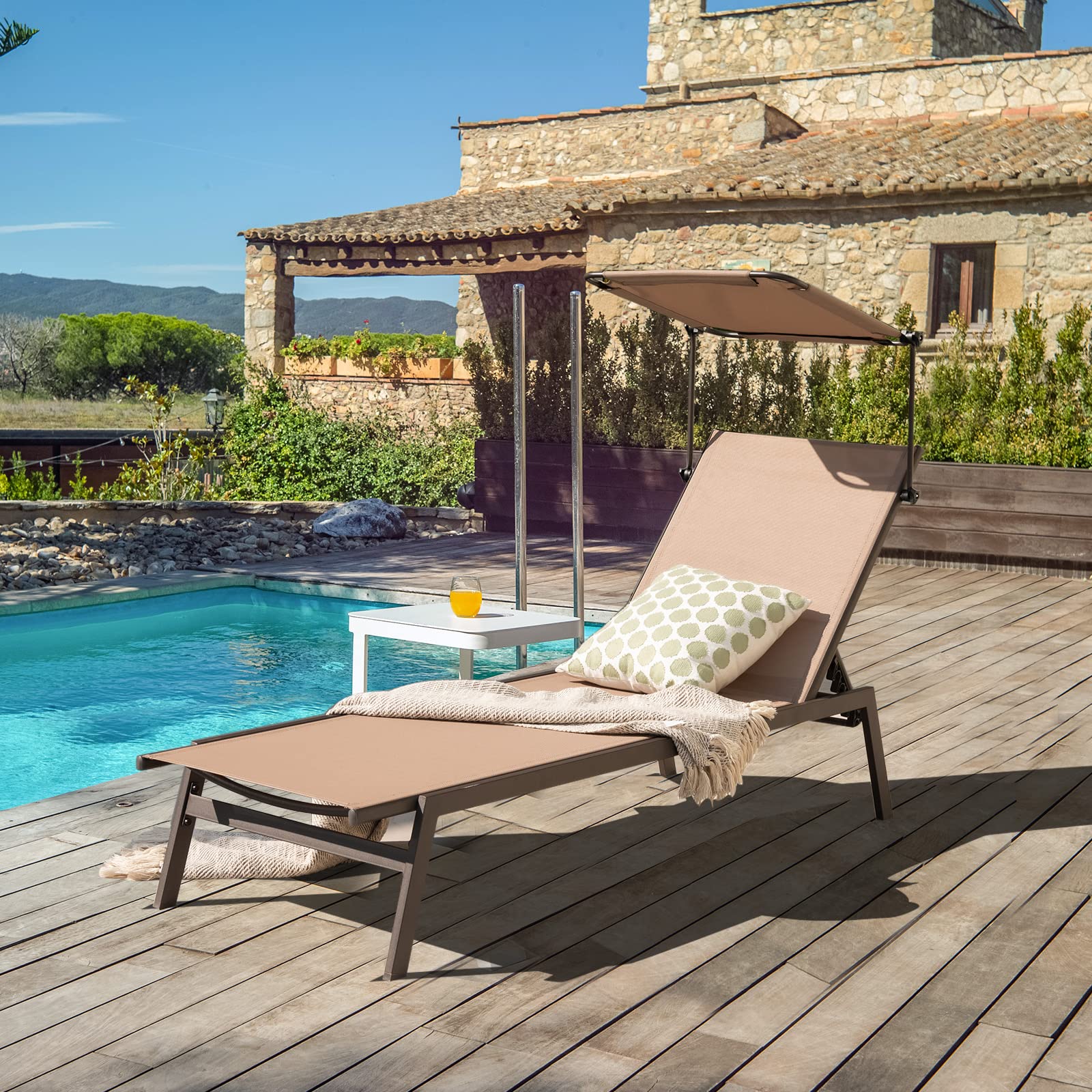 Outdoor Chaise Lounge Chair- Tanning Chair with Sunshade - Giantex