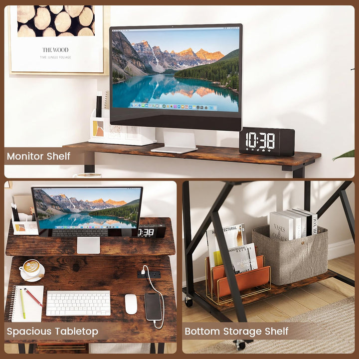 Giantex Rolling Small Desk with Storage | Compact Computer Desk for Small Spaces with Charging Station