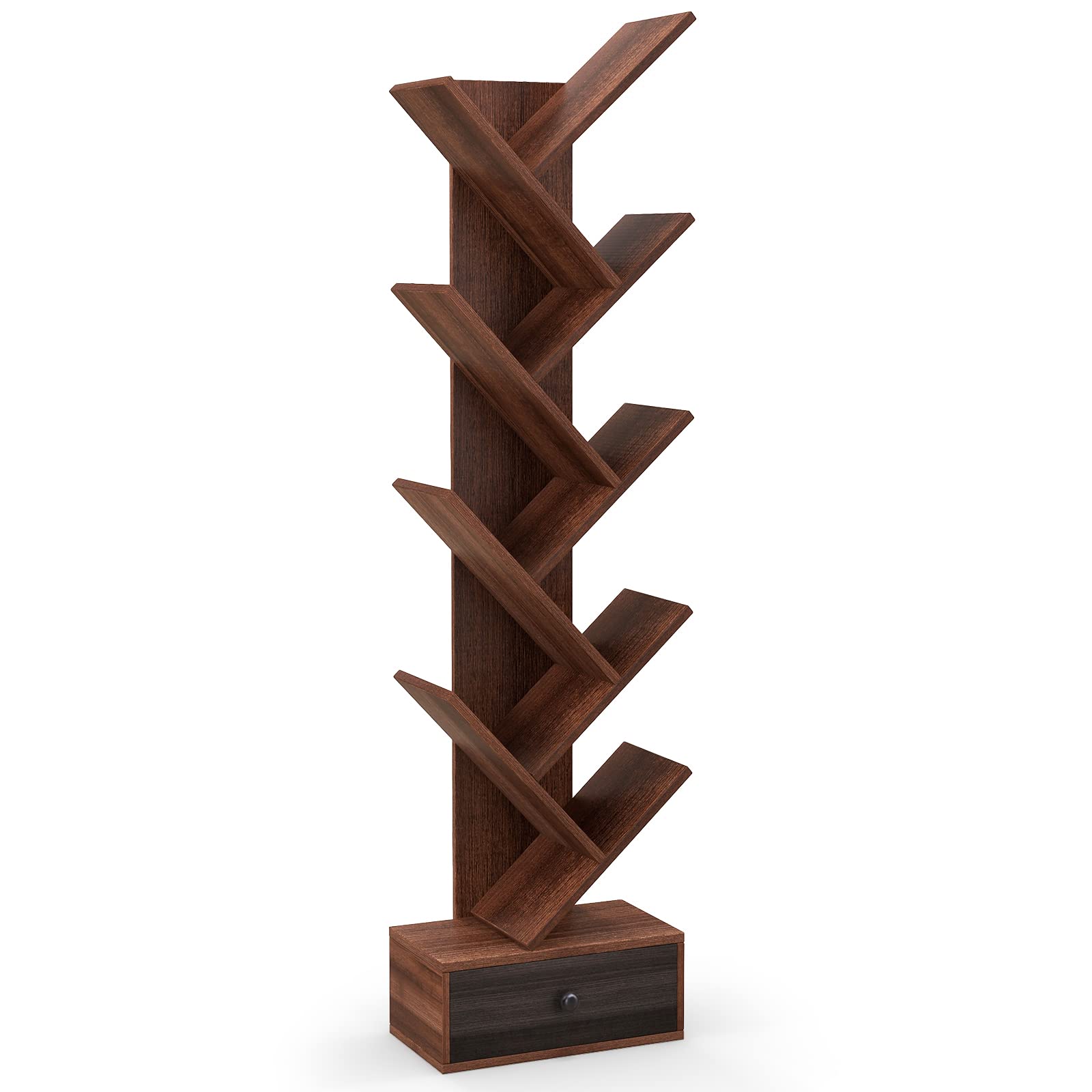 10-Tier Tree Bookshelf with Drawer, Brown - Giantex