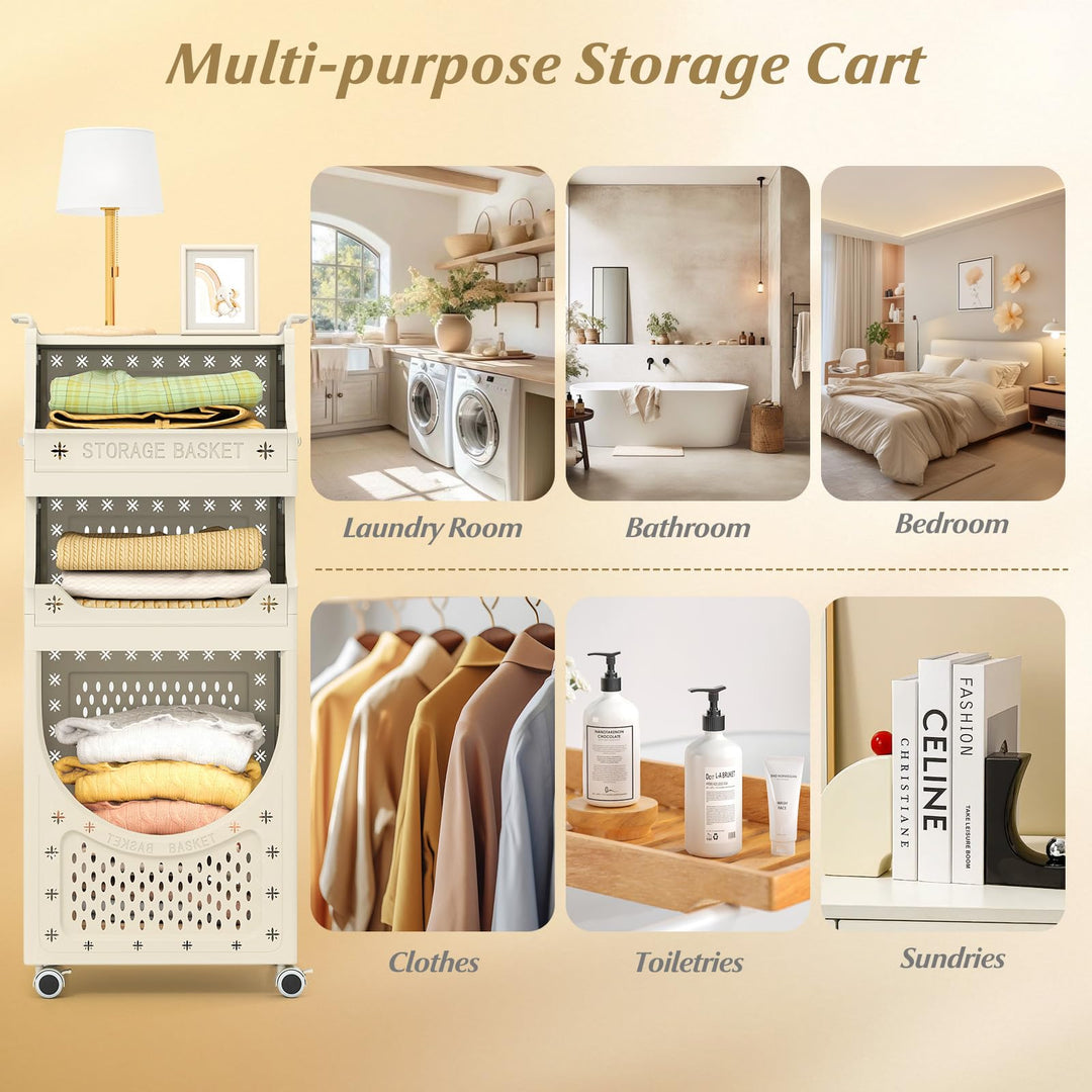 Giantex 4-Tier Rolling Laundry Cart with Wheels Folding Laundry Basket with 3 Baskets