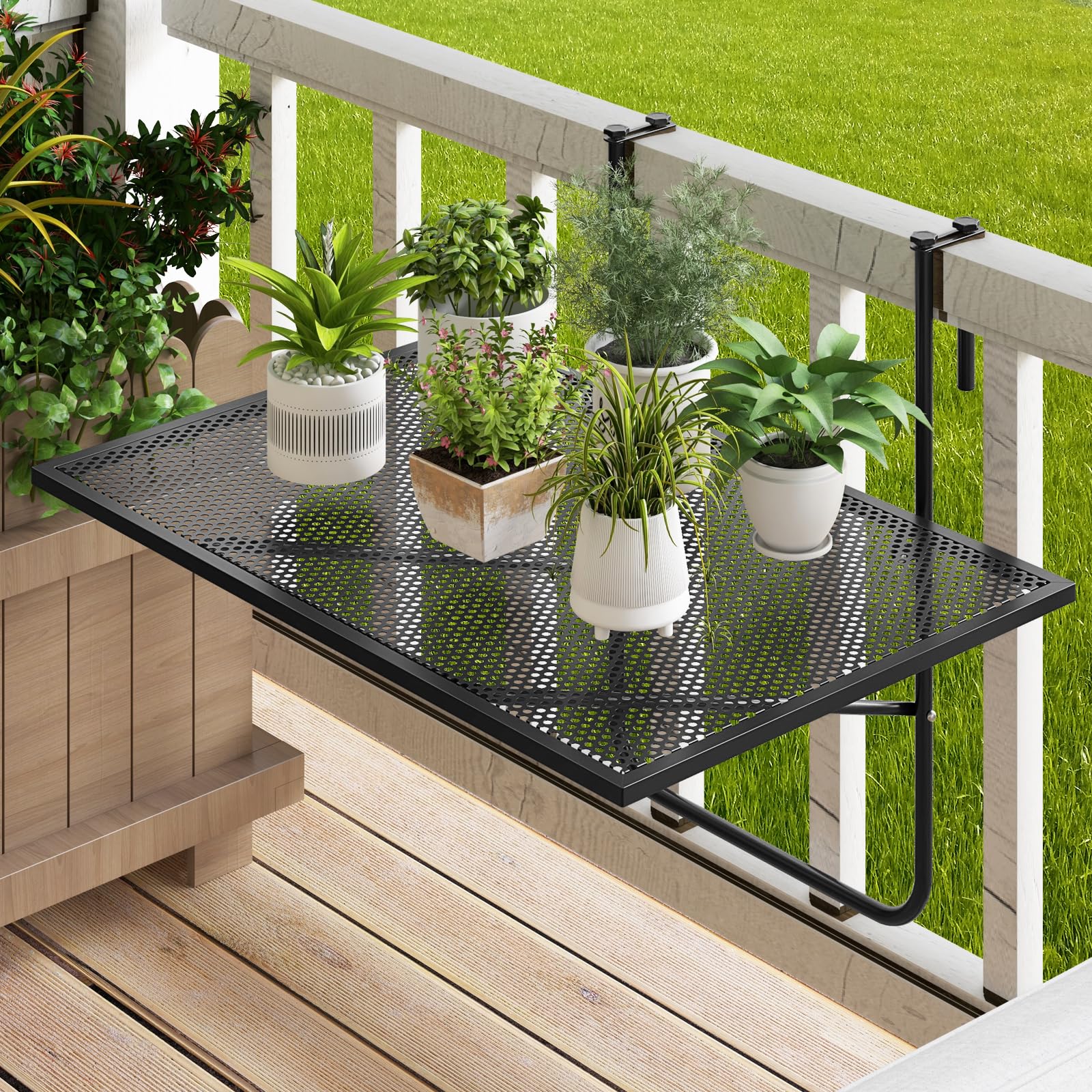 Giantex Balcony Table, Folding Outdoor Side Table for Railings Up to 2.4" Thick, Space-saving Railing Serving Table with Metal Frame