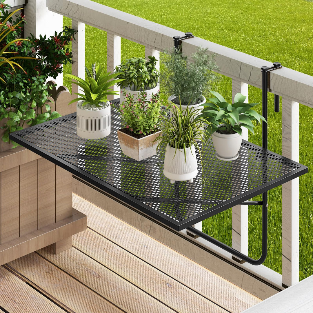 Giantex Balcony Table, Folding Outdoor Side Table for Railings Up to 2.4" Thick, Space-saving Railing Serving Table with Metal Frame
