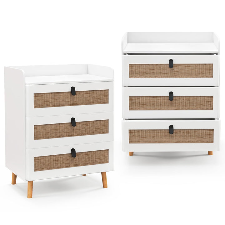 Giantex Rattan Nightstand, Boho 3-Drawer Dresser with 4 Solid Wood Legs