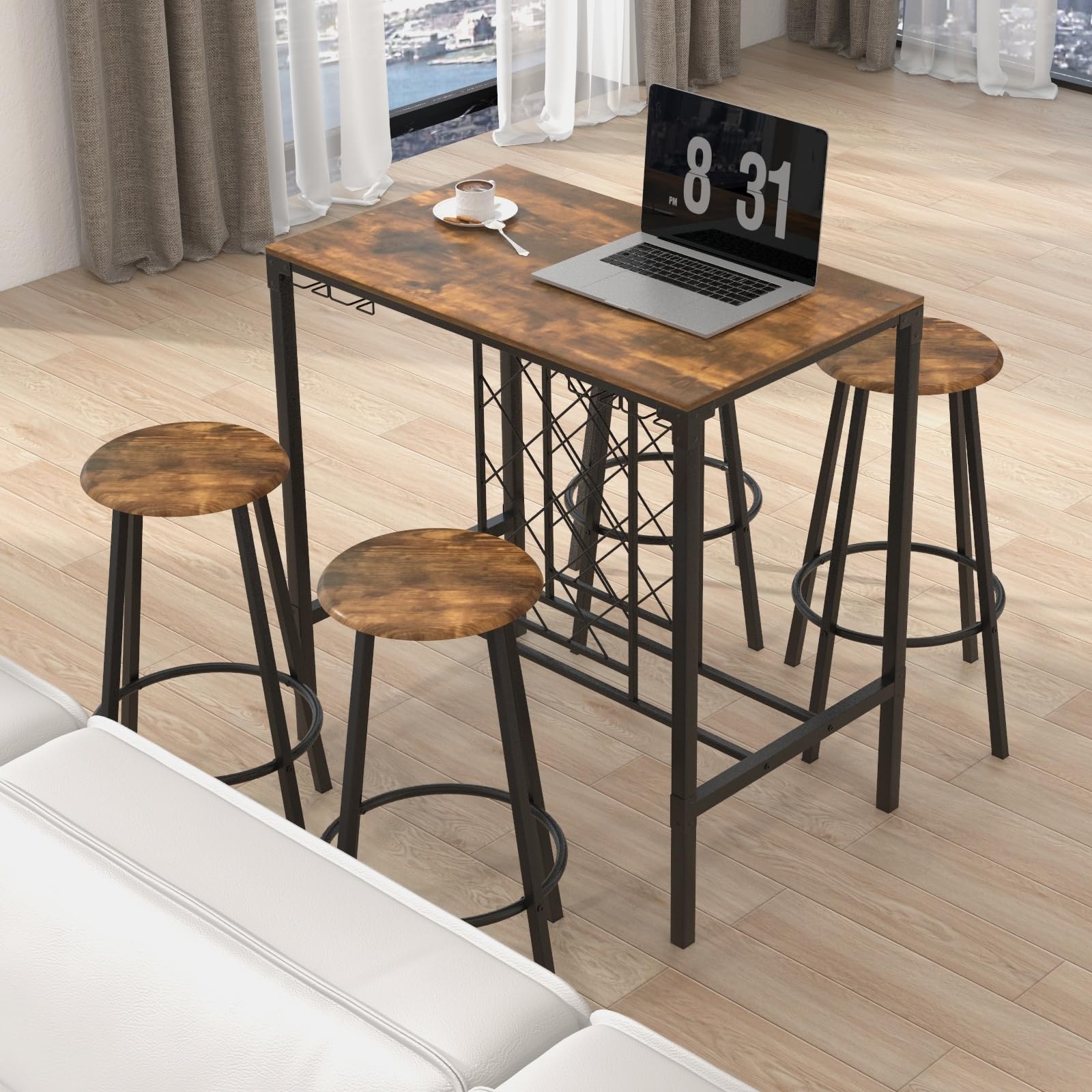Giantex 5 Pieces Bar Table and Stools Set - Bar Height Table with Stools for 4, Kitchen Table Set with Wine Rack & Glass Holder