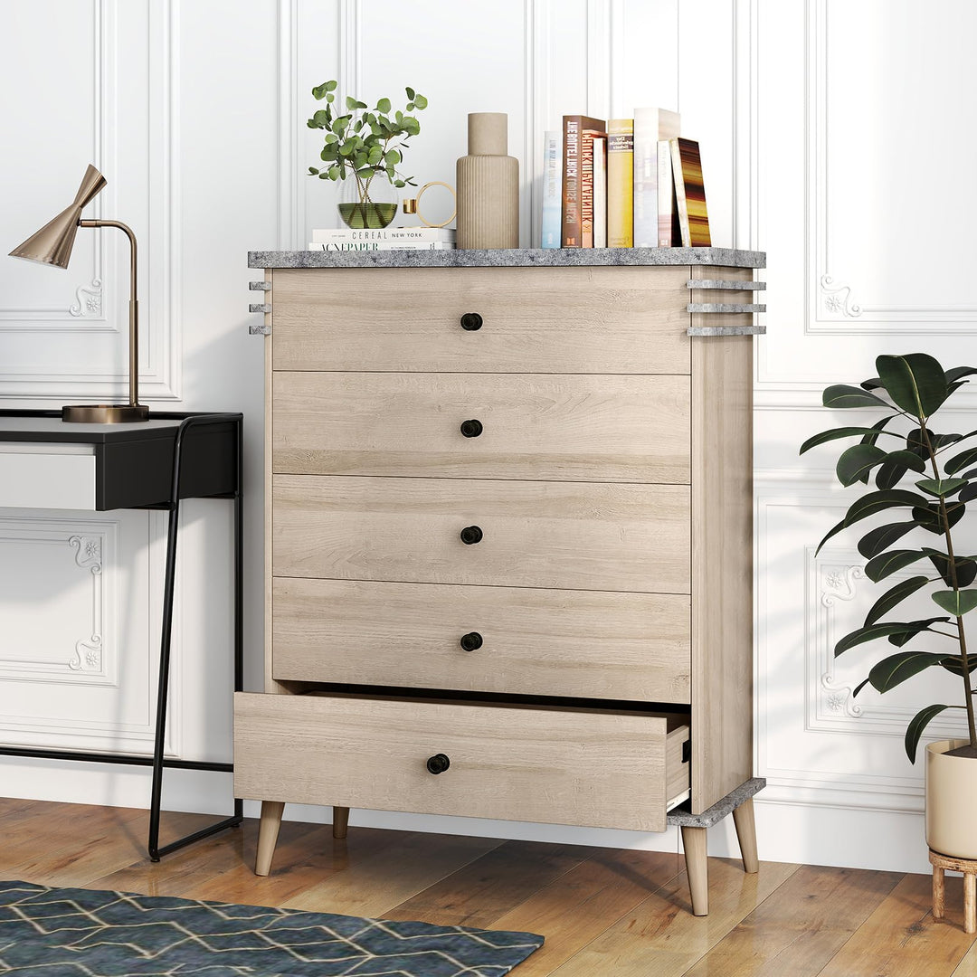 Giantex 5-Drawer Storage Cabinet with Rubber Wood Legs