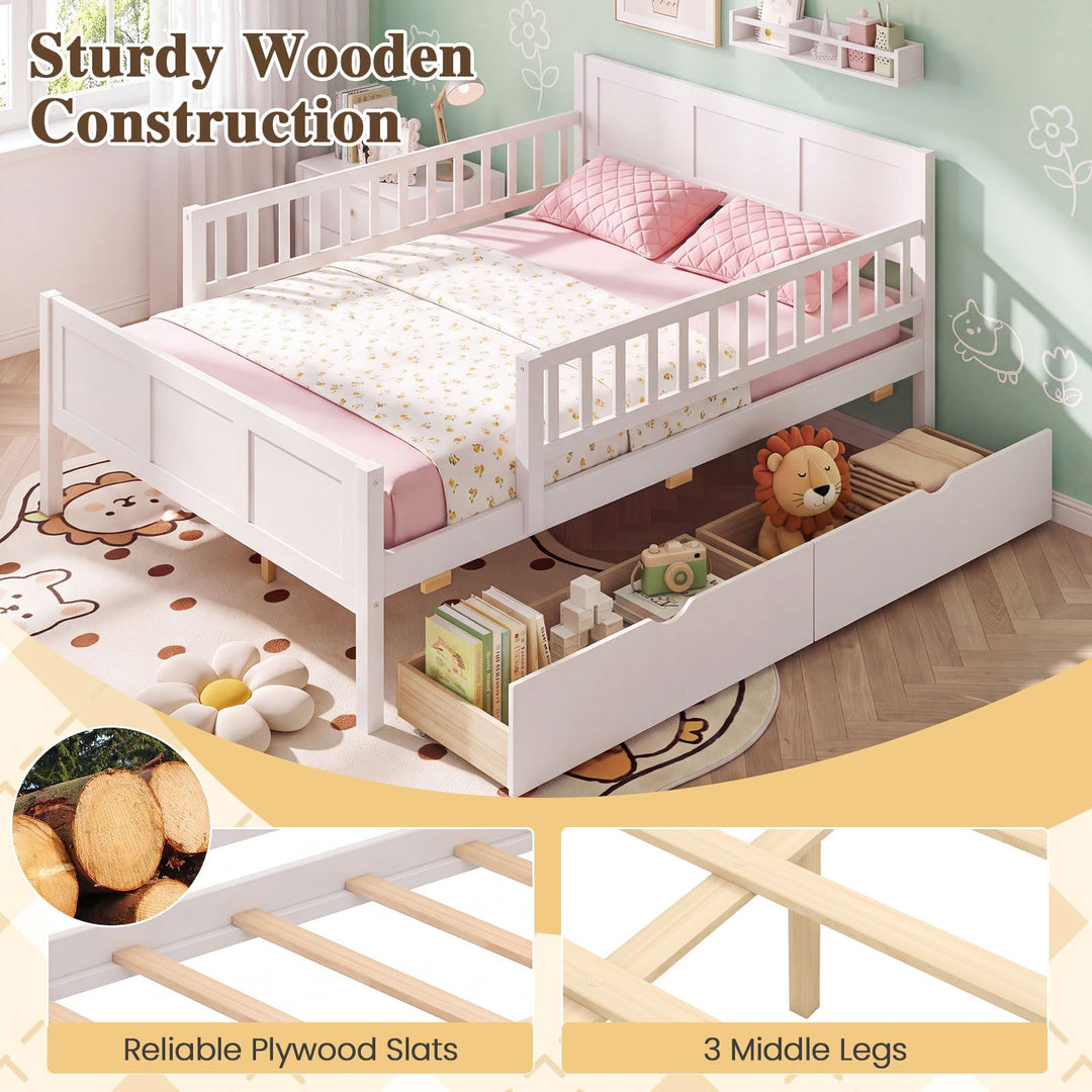 GIANTEX Full/Twin Size Bed Frame with 2 Storage Drawer &amp; Guardrails for Kids