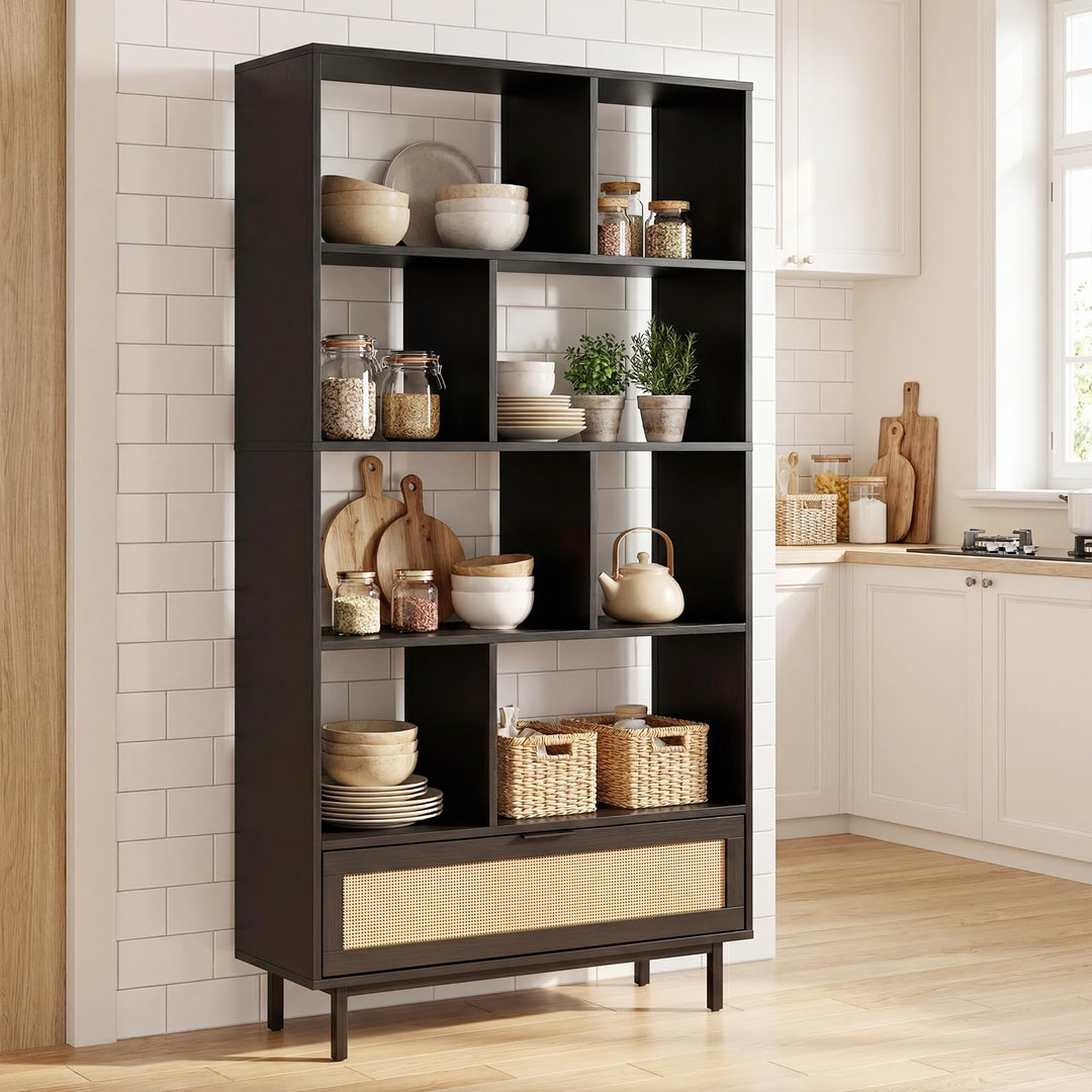 Giantex 64" Tall 6-Tier Wood Bookshelf with Rattan Drawer