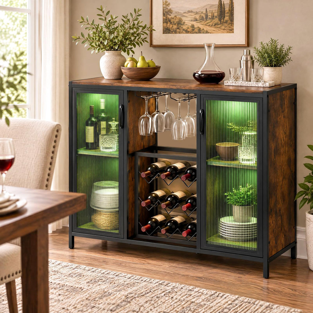 GIANTEX Modern Coffee Bar Cabinet with Wine Racks &amp; LED Lights