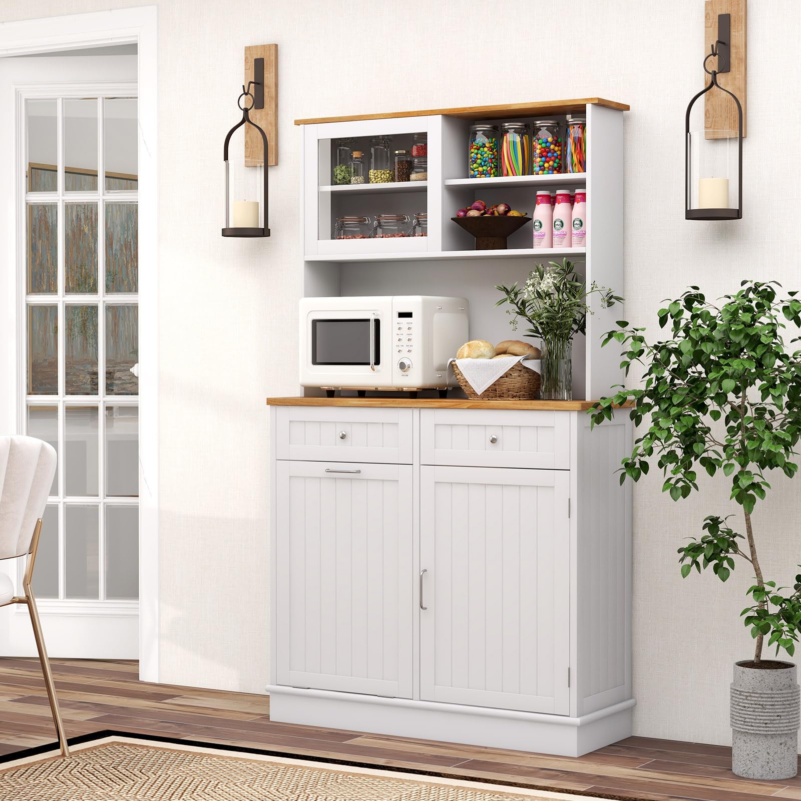 Giantex 68” Tall Kitchen Pantry, Buffet Hutch w/Tilt Out Trash Can Storage Cabinet, 2 Drawer, Shelves