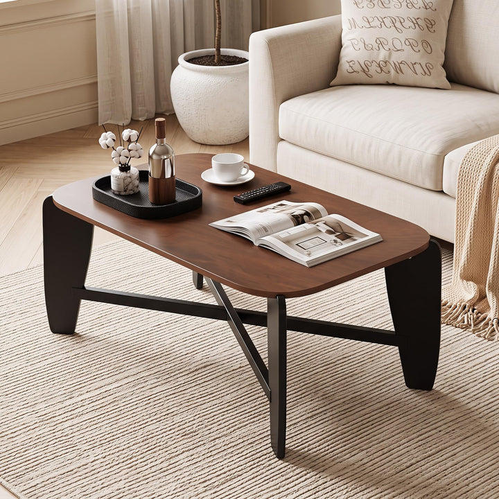 GIANTEX 35.5" Solid Rubber Wood Coffee Table with Round Corners