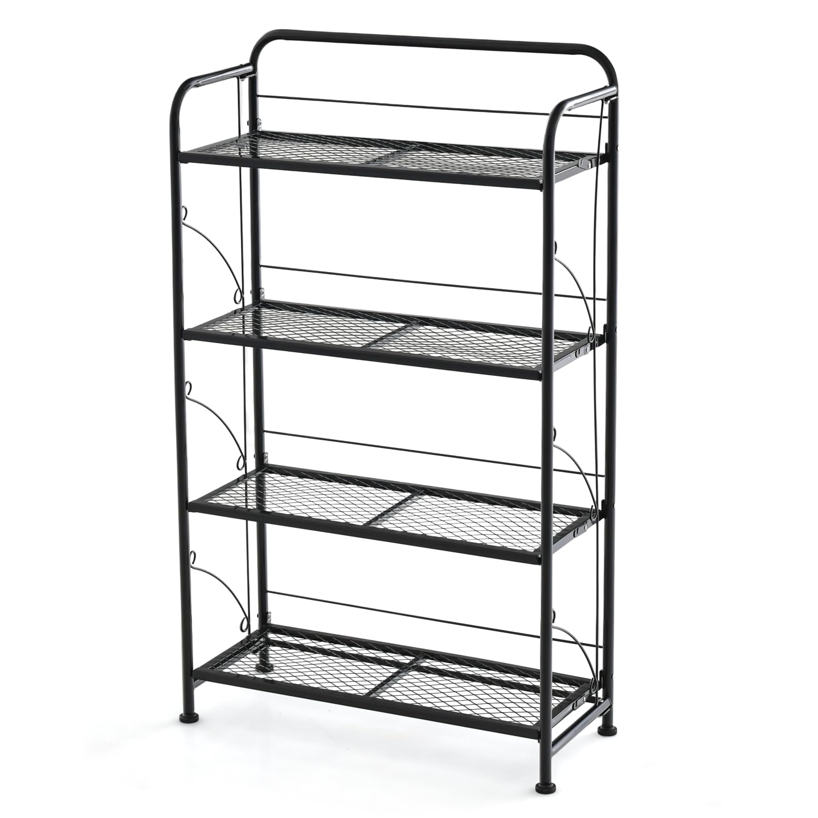 Giantex Folding Plant Stand, 4-Tires Collapsible Plant Rack with Adjustable Shelf, Black