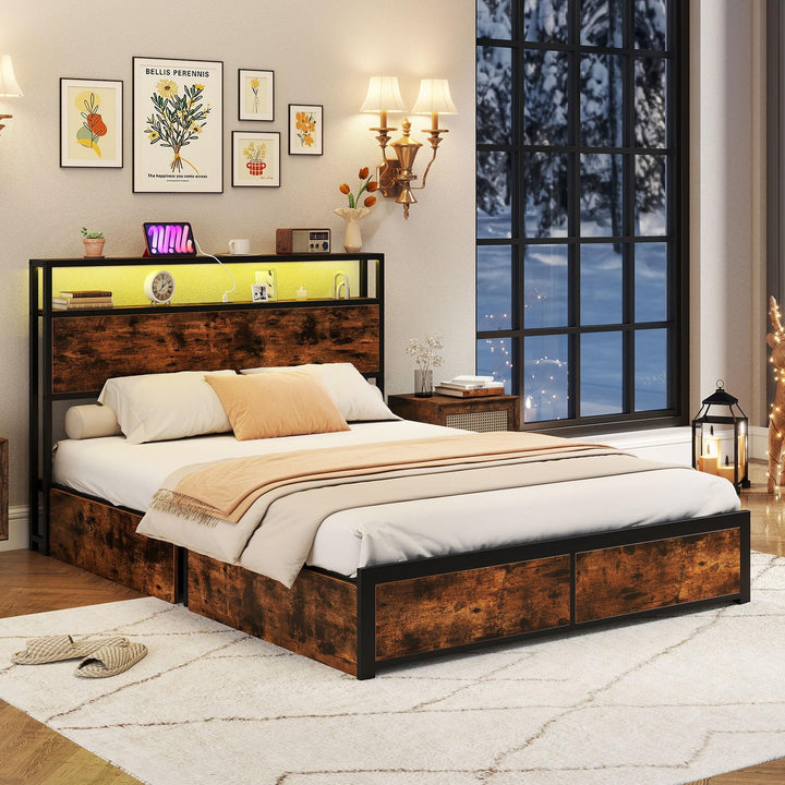 Giantex LED Bed Frame with Charging Station & 4 Storage Drawers