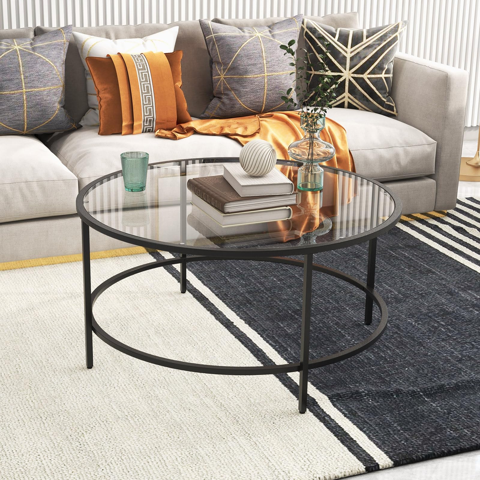 Giantex 35.5”D Round Coffee Table - Modern Coffee Table with Tempered Glass Tabletop