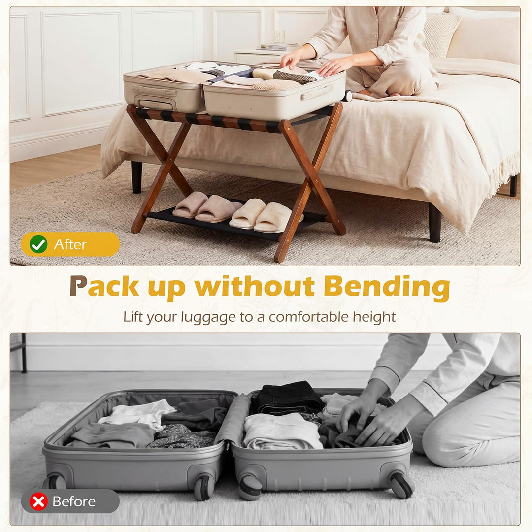 Giantex Folding Luggage Rack | Solid Rubber Wood Suitcase Stand with Storage Shelves