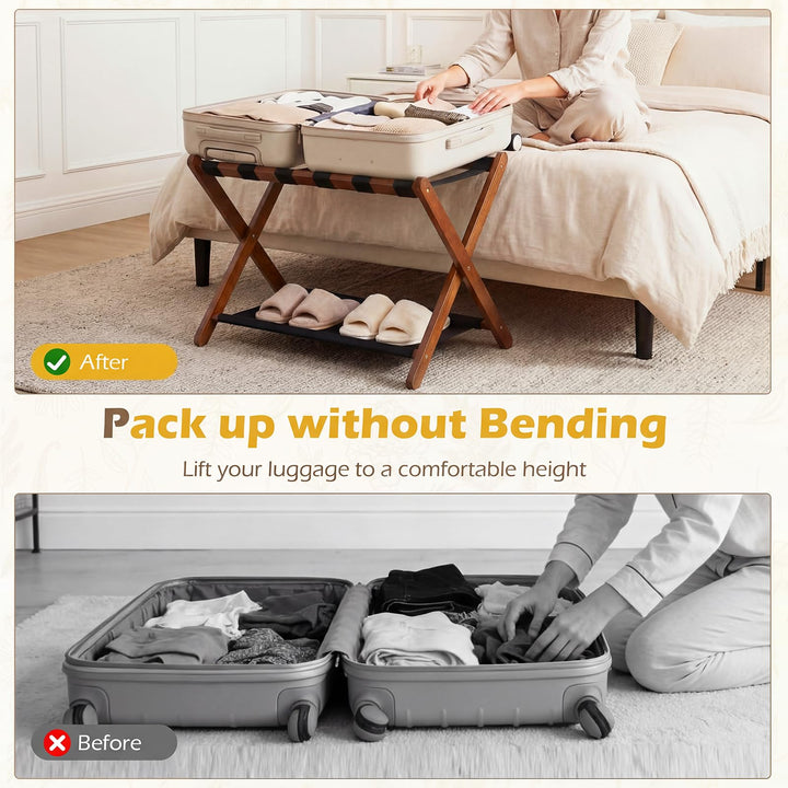 Giantex Folding Luggage Rack | Solid Rubber Wood Suitcase Stand with Storage Shelves