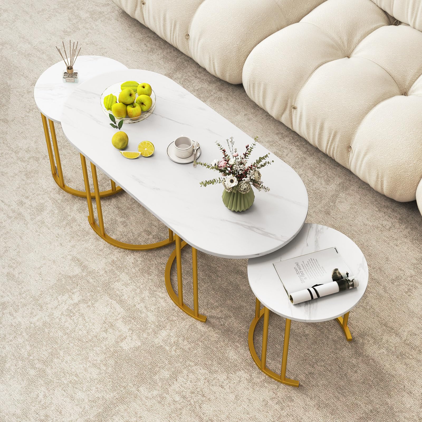 Giantex Nesting Coffee Table Set of 3, Stacking Side Tables with Faux Marble Tabletop & Gold Metal Frame