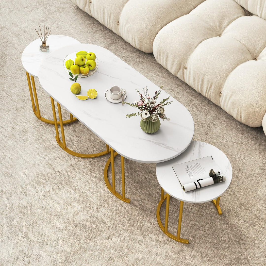 Giantex Nesting Coffee Table Set of 3, Stacking Side Tables with Faux Marble Tabletop & Gold Metal Frame