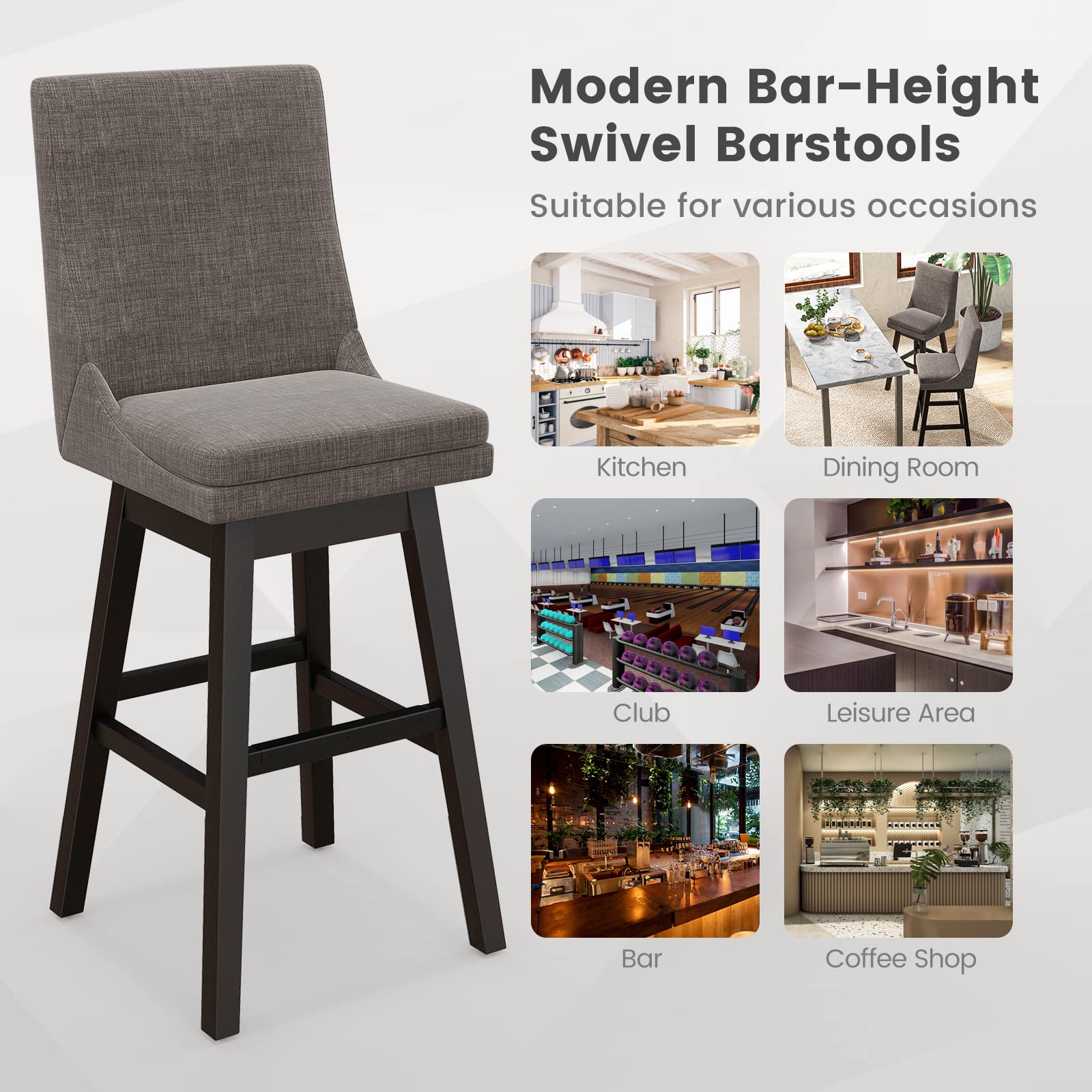 Giantex Bar Stools Set of 2, 30.5" Bar Height 360-degree Swivel Barstools with Rubber Wood Legs, Gray