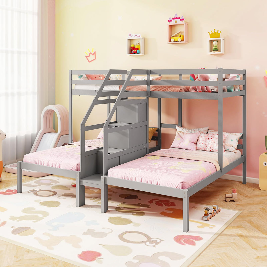 Giantex Twin Over Twin & Twin Bunk Bed Triple Bunk Beds with 4-Step Storage Stair