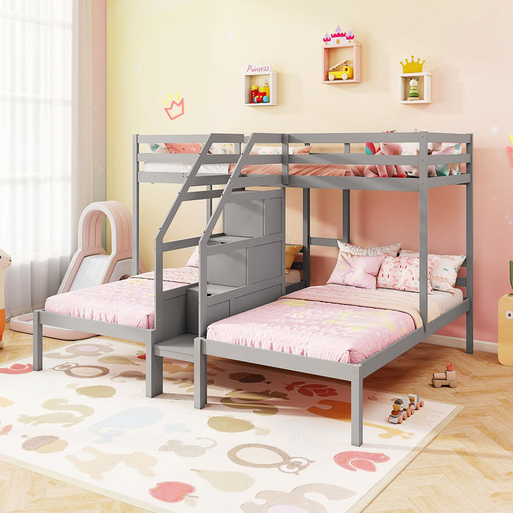 Giantex Twin Over Twin & Twin Bunk Bed Triple Bunk Beds with 4-Step Storage Stair