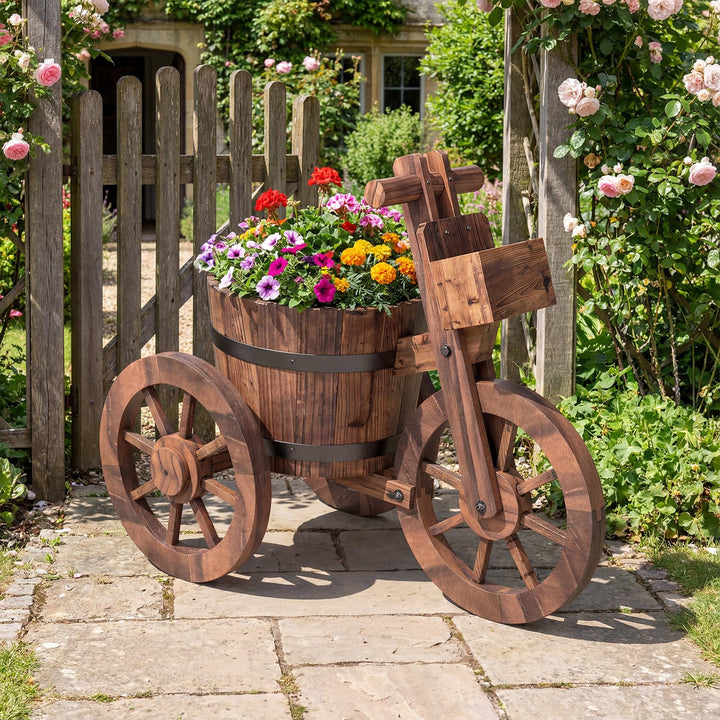 Giantex Wooden Wagon Planter with Wheels for Patio Backyard Balcony