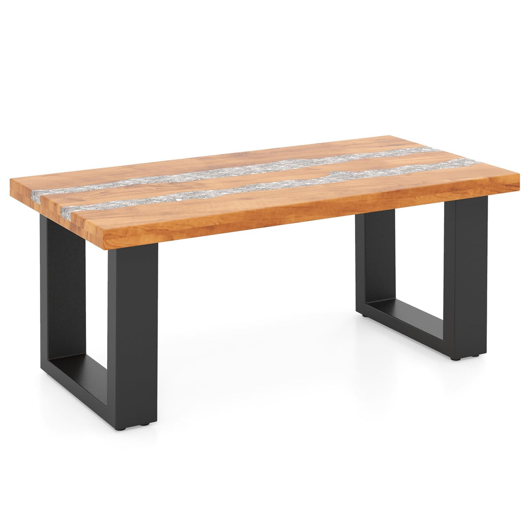 Giantex Teak Outdoor Coffee Table, Rectangular Resin Side Table with River Feel Epoxy Tabletop