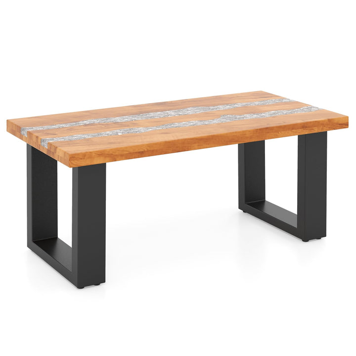 Giantex Teak Outdoor Coffee Table, Rectangular Resin Side Table with River Feel Epoxy Tabletop