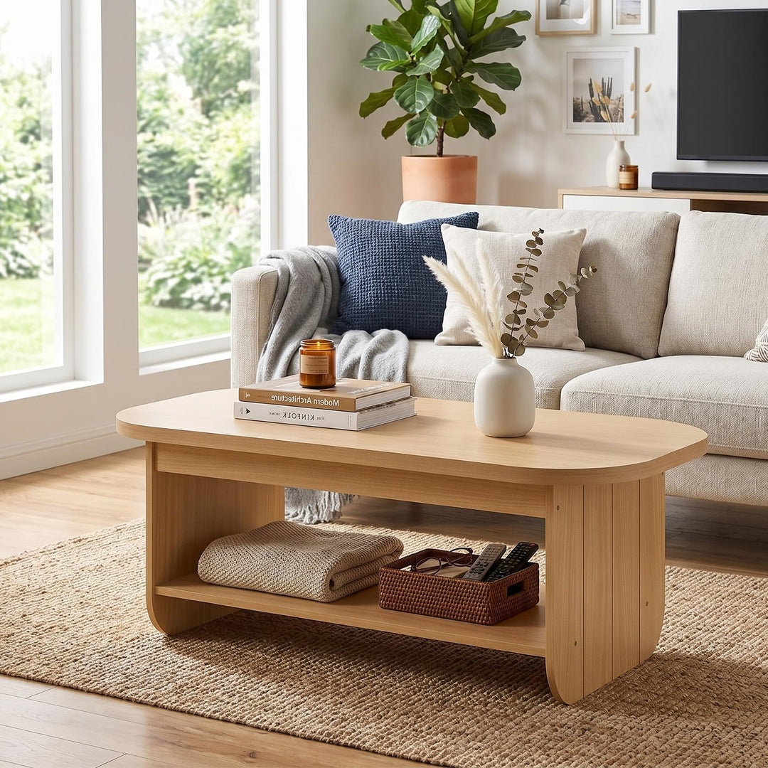 Giantex 47" Mid Century Oval Coffee Table with Storage Shelf &amp; Round Corner