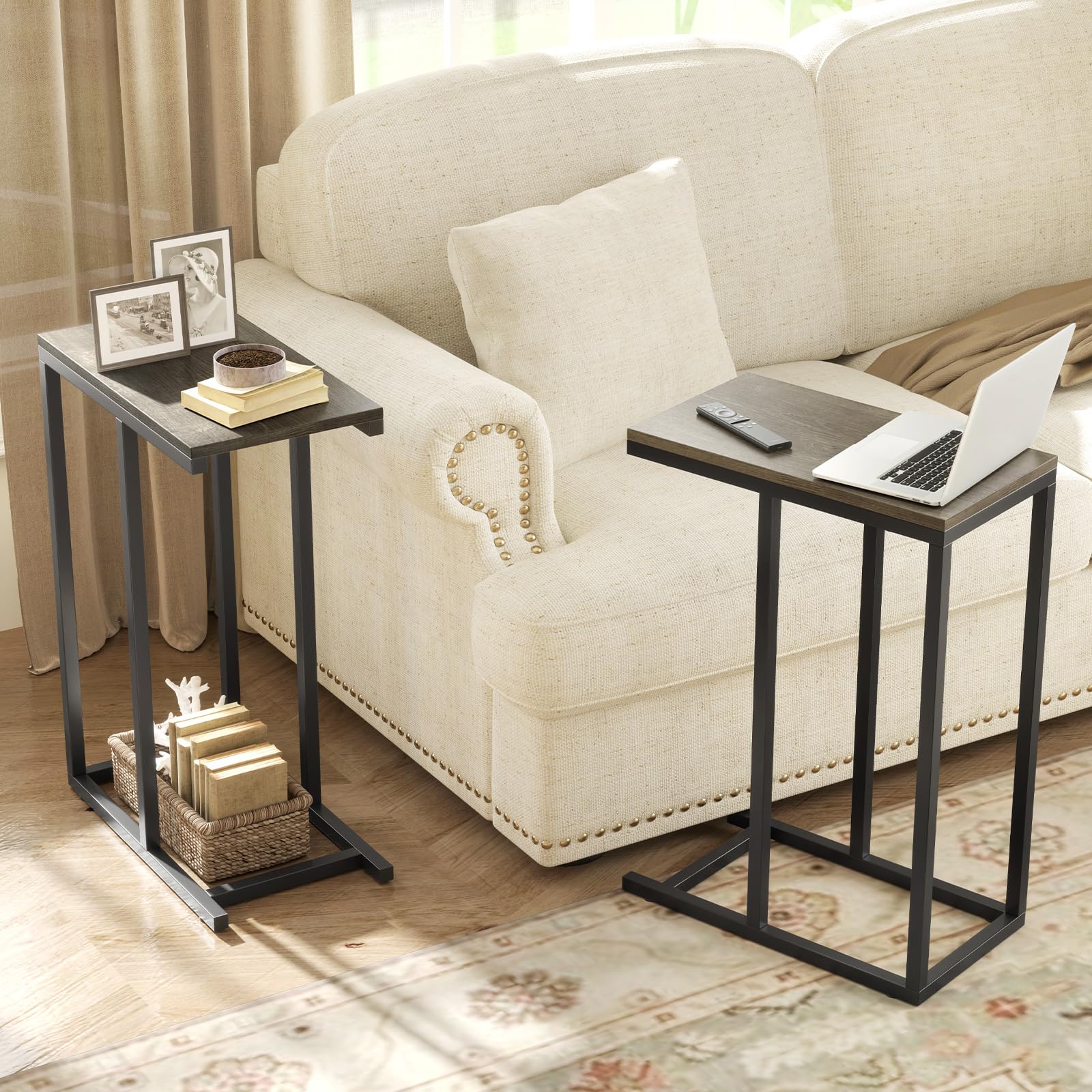 Giantex C Shaped End Table, Small Side Table for Sofa, Couch Table That Slide Under with Metal Frame