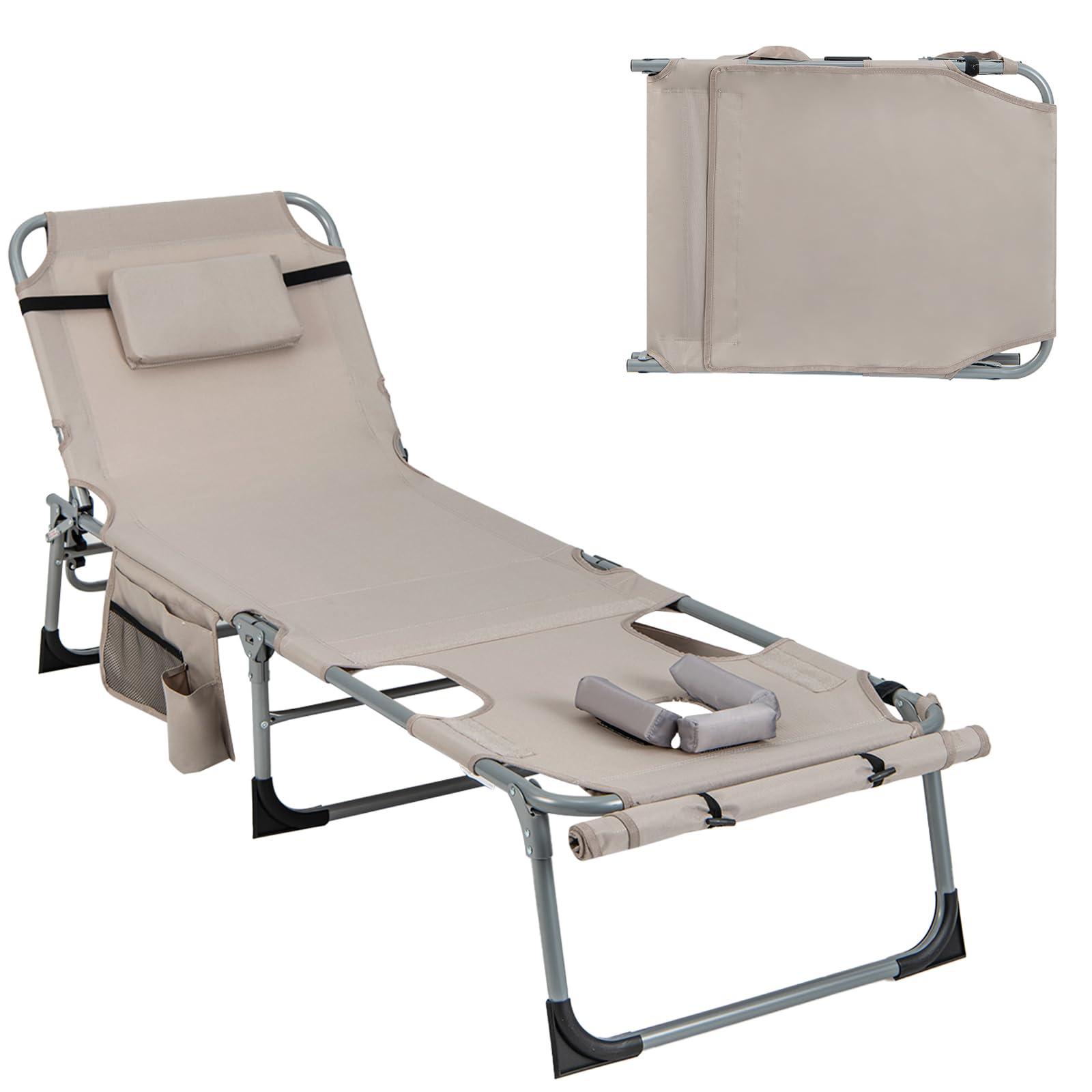 Giantex Folding Beach Tanning Chair - Outdoor Chaise Lounge Chair, 5-Position Adjustable Lounger with Face Hole