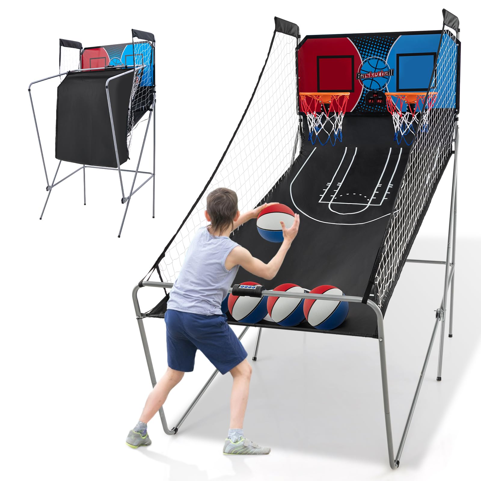 Giantex Folding Basketball Arcade Game, Dual Shot Electronic Basketball Hoop Arcade Game with 8 Game Modes