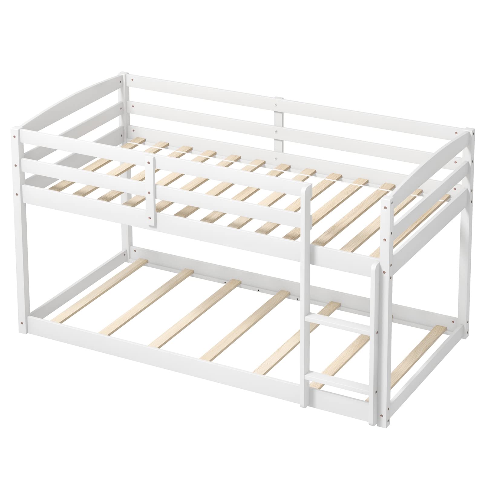 Giantex Twin Low Bunk Bed, Solid Wood Twin Over Twin Bunk Bed Frame with Full Guardrails & Integrated Ladder