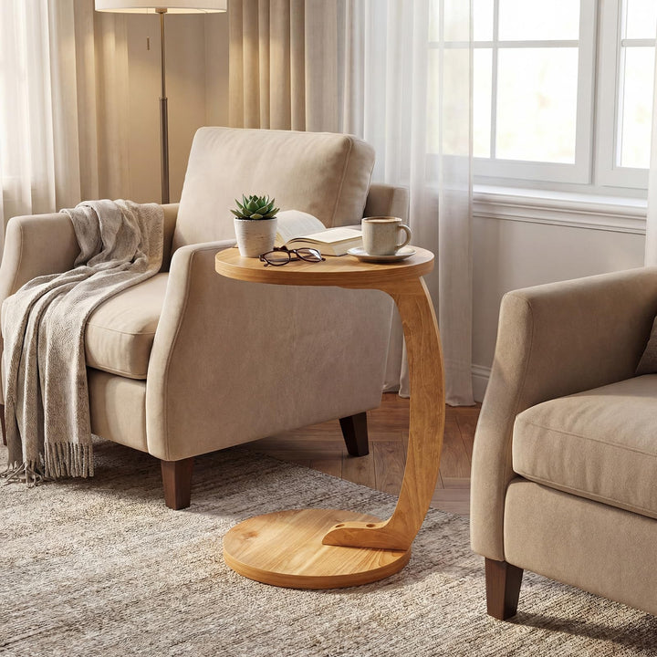 Giantex C-Shaped Round Side Table Set of 1/2 24" Solid Teak Wood