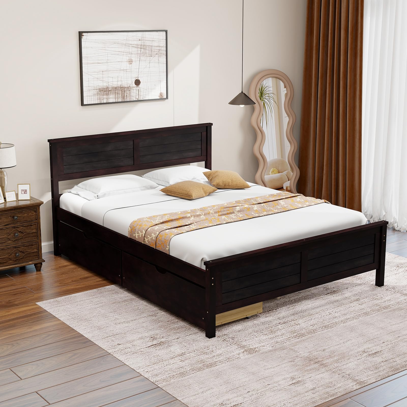 Giantex Wood Full Size Bed Frame with 2 Storage Drawers, Solid Wood Platform Bed with Headboard
