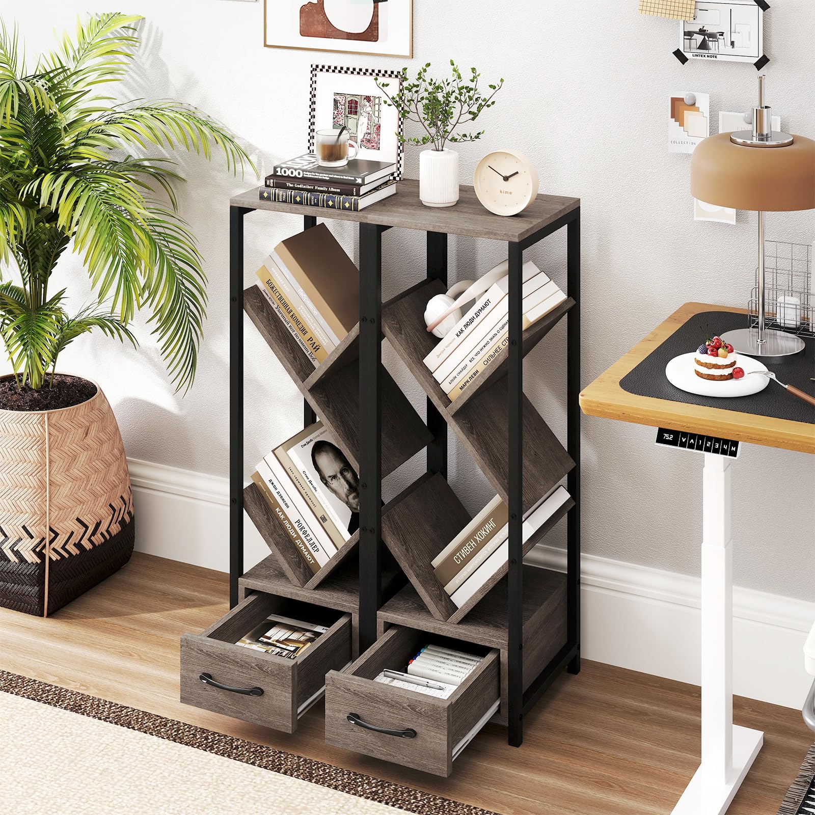 Giantex Tree Bookshelf with Drawer, 4-Tier Narrow Bookcase with Metal Frame, Tall Floor Standing Storage Organizer for Small Space