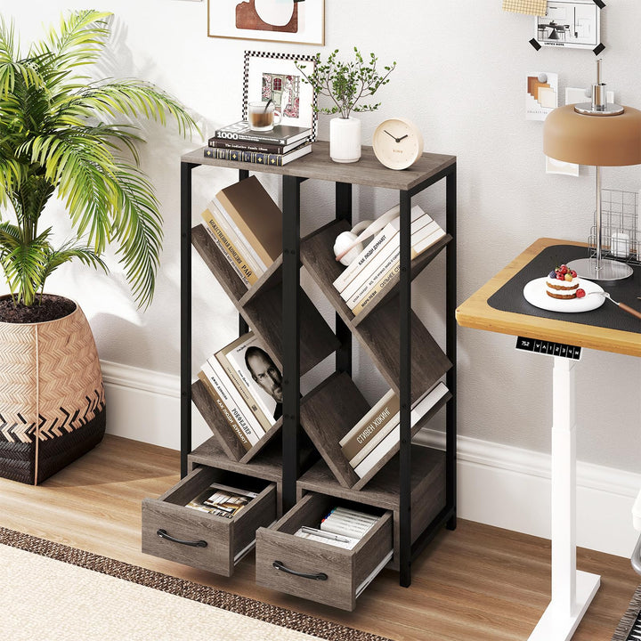Giantex Tree Bookshelf with Drawer, 4-Tier Narrow Bookcase with Metal Frame, Tall Floor Standing Storage Organizer for Small Space