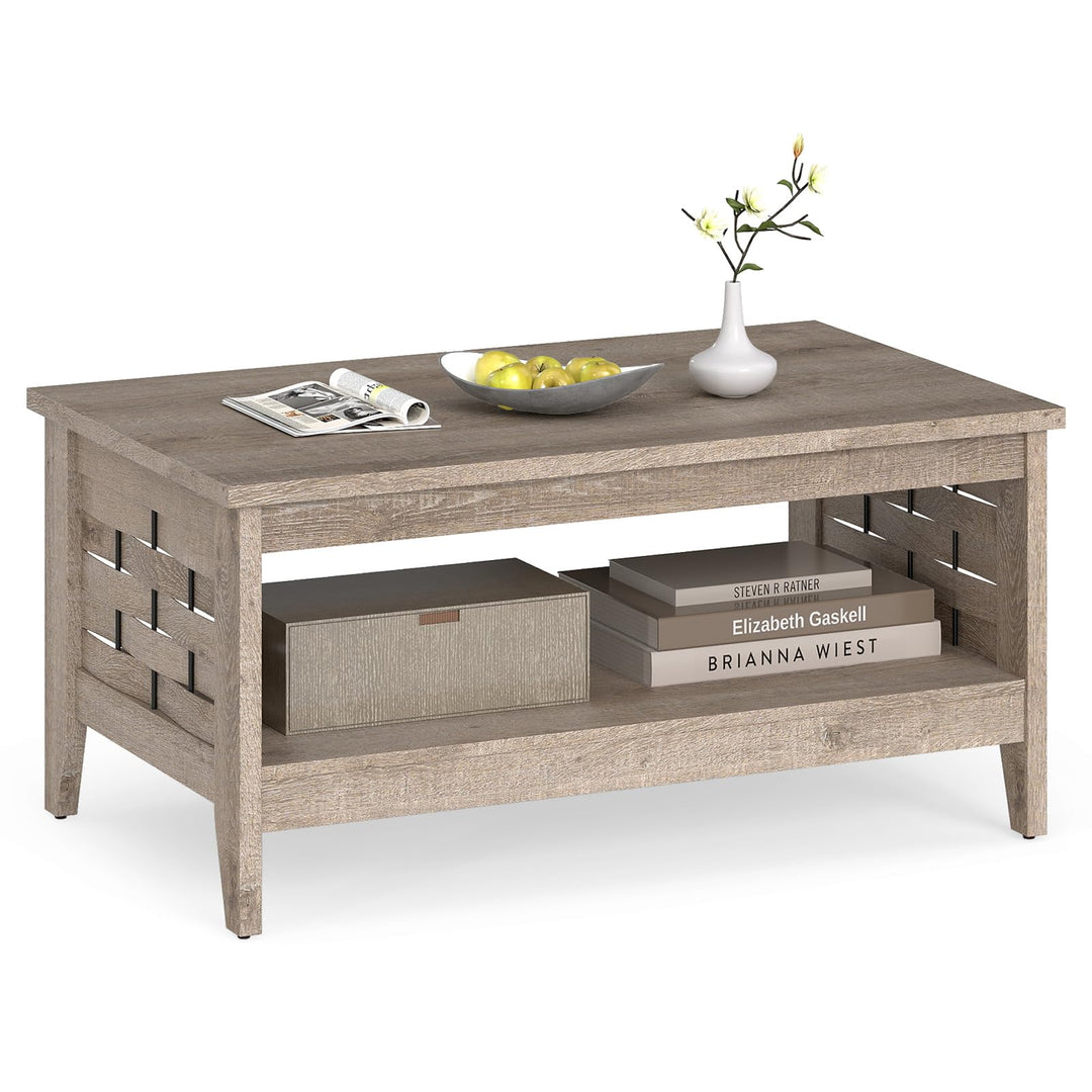 Giantex 2-Tier Farmhouse Coffee Table with Open Shelf and Woven Decorations for Living Room
